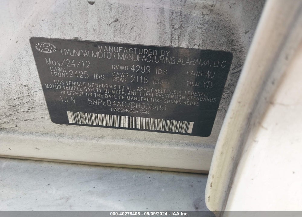 2013 HYUNDAI SONATA GLS VIN: 5NPEB4AC7DH535481