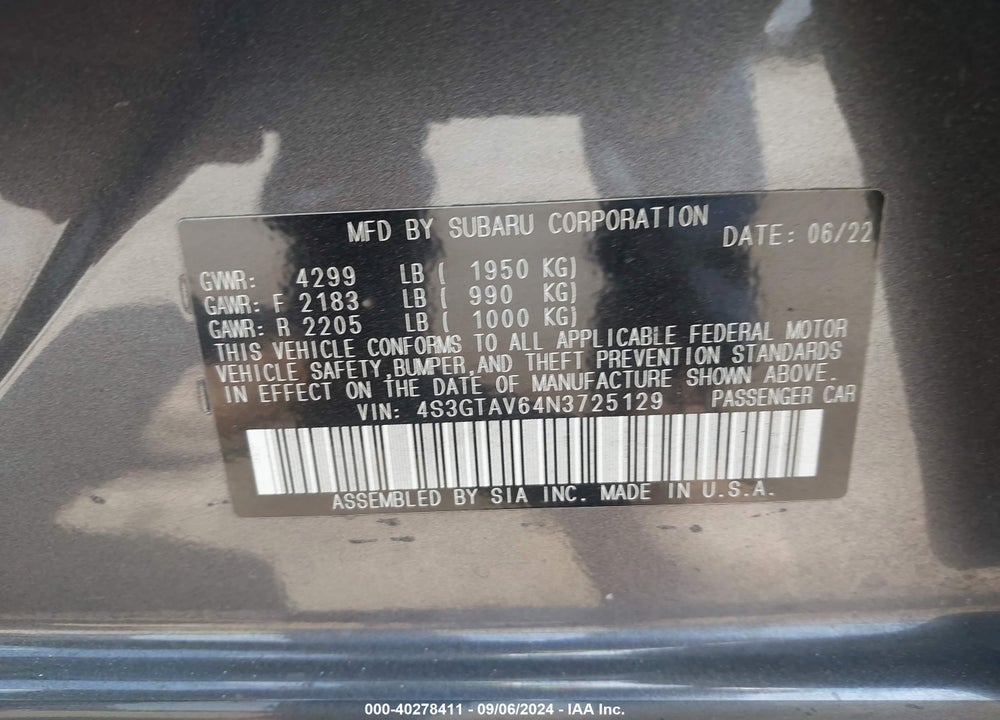 2022 SUBARU IMPREZA PREMIUM 5-DOOR VIN: 4S3GTAV64N3725129