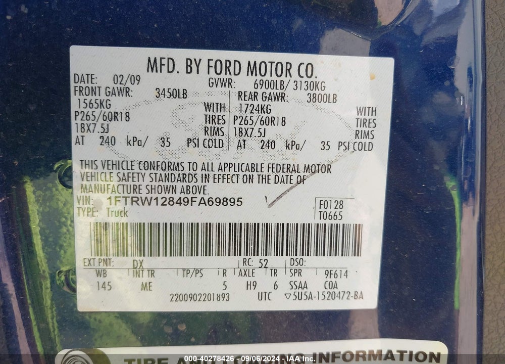 2009 FORD F-150 XL/XLT VIN: 1FTRW12849FA69895
