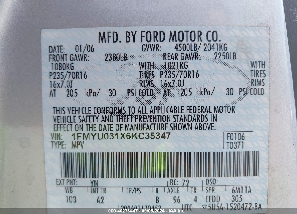 2006 FORD ESCAPE XLT/XLT SPORT VIN: 1FMYU031X6KC35347
