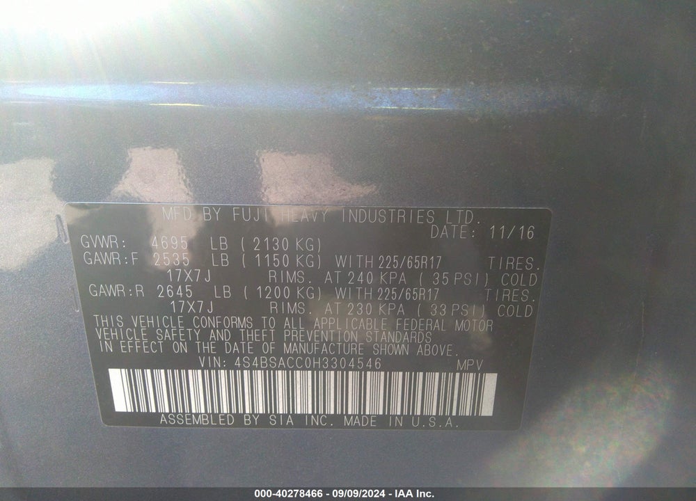 2017 SUBARU OUTBACK 2.5I PREMIUM VIN: 4S4BSACC0H3304546