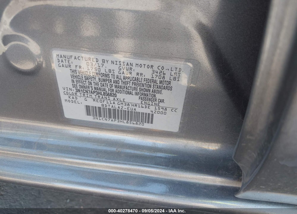 2017 NISSAN VERSA 1.6 S+ VIN: 3N1CN7AP3HL856820