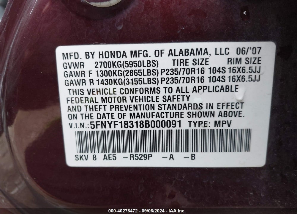 2008 HONDA PILOT SE VIN: 5FNYF18318B000091