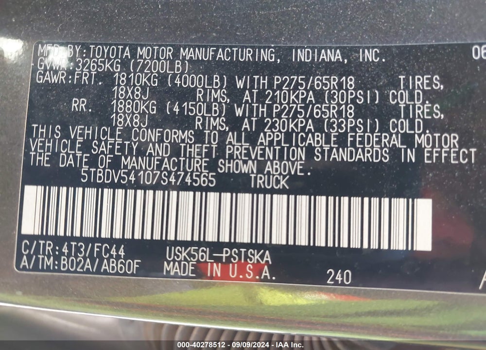 2007 TOYOTA TUNDRA SR5 5.7L V8 VIN: 5TBDV54107S474565