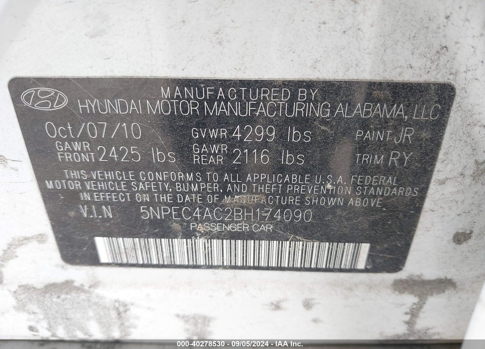 2011 HYUNDAI SONATA VIN: 5NPEC4AC2BH174090