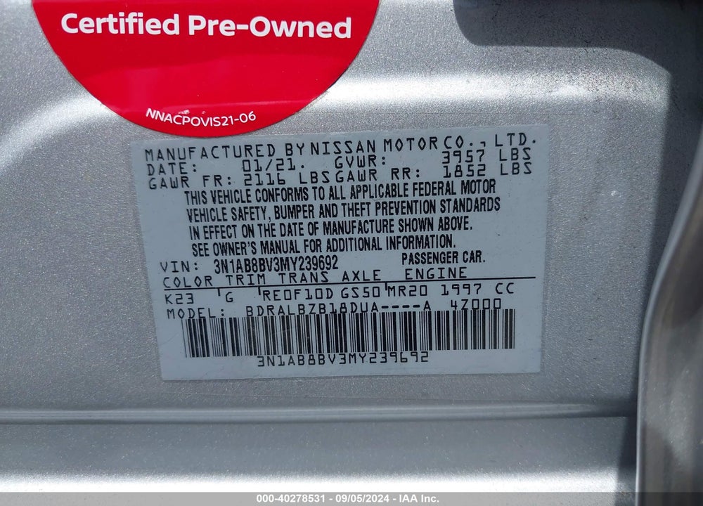 2021 NISSAN SENTRA S XTRONIC CVT VIN: 3N1AB8BV3MY239692