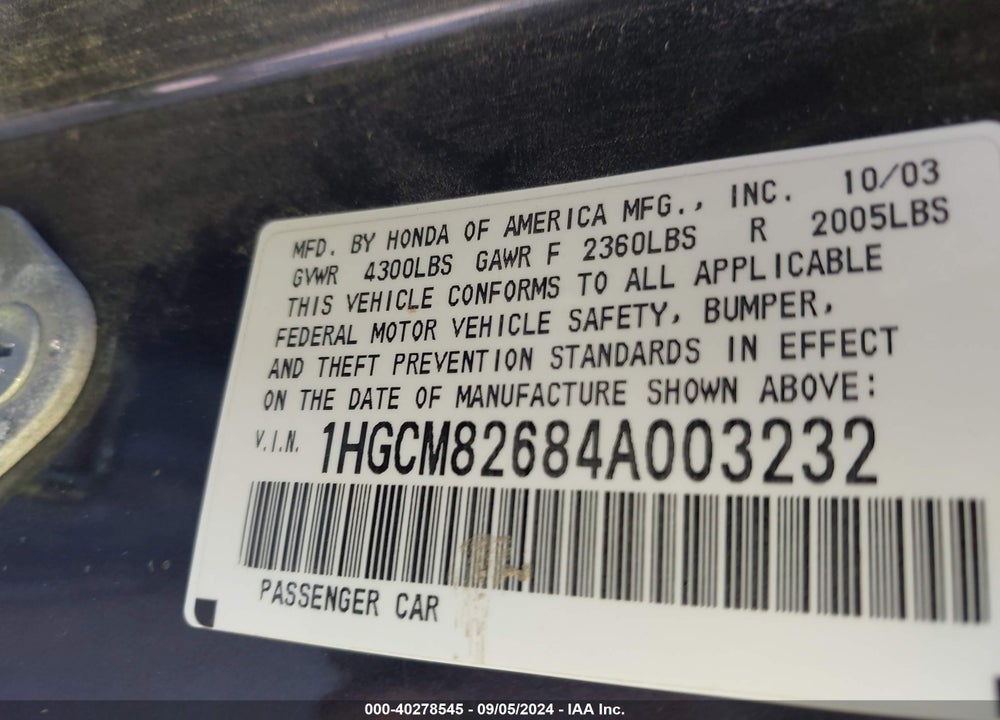 2004 HONDA ACCORD 3.0 EX VIN: 1HGCM82684A003232