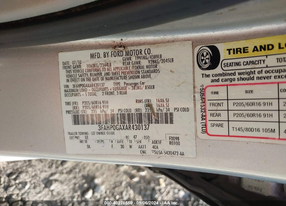 2010 FORD FUSION S VIN: 3FAHP0GAXAR430137