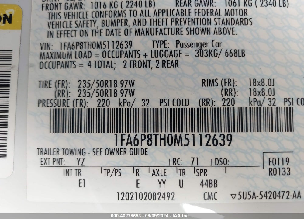 2021 FORD MUSTANG ECOBOOST PREMIUM FASTBACK VIN: 1FA6P8TH0M5112639