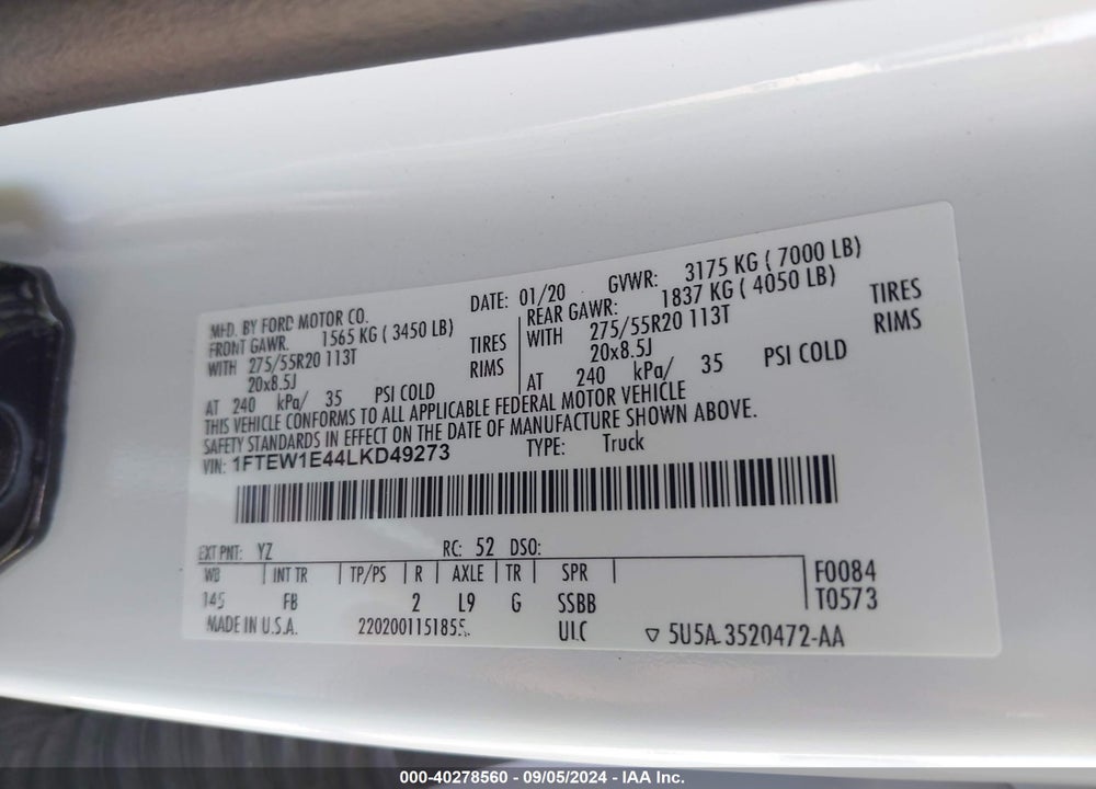 2020 FORD F-150 XLT VIN: 1FTEW1E44LKD49273