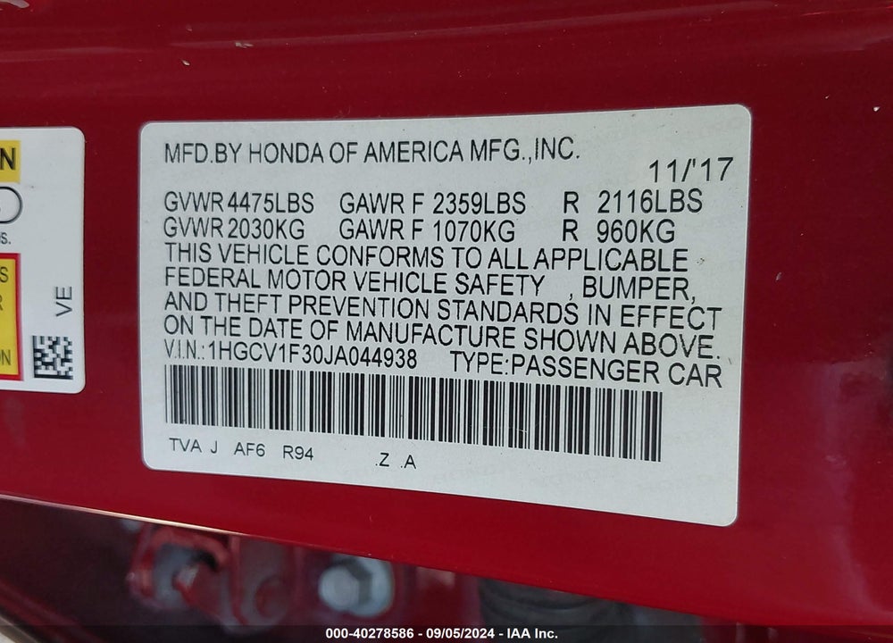 2018 HONDA ACCORD SPORT VIN: 1HGCV1F30JA044938