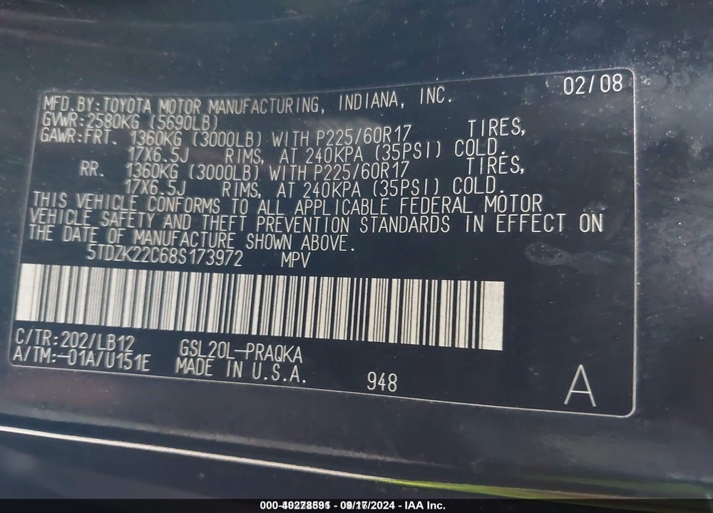 2008 TOYOTA SIENNA VIN: 5TDZK22C68S173972