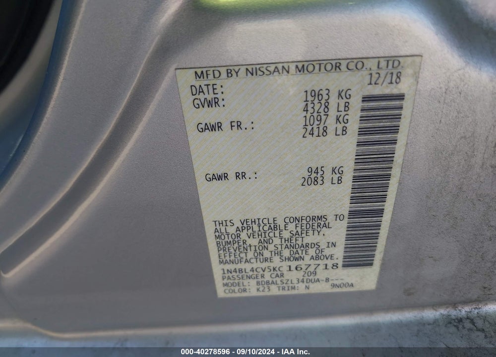 2019 NISSAN ALTIMA 2.5 SR VIN: 1N4BL4CV5KC167718