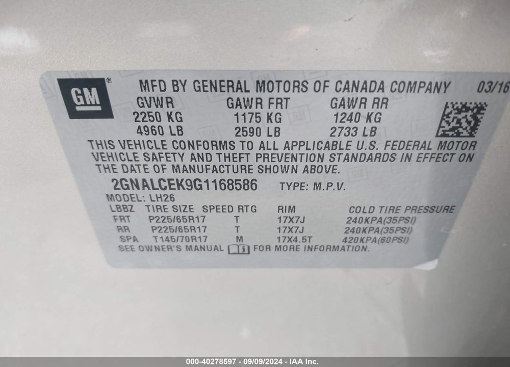 2016 CHEVROLET EQUINOX LT VIN: 2GNALCEK9G1168586