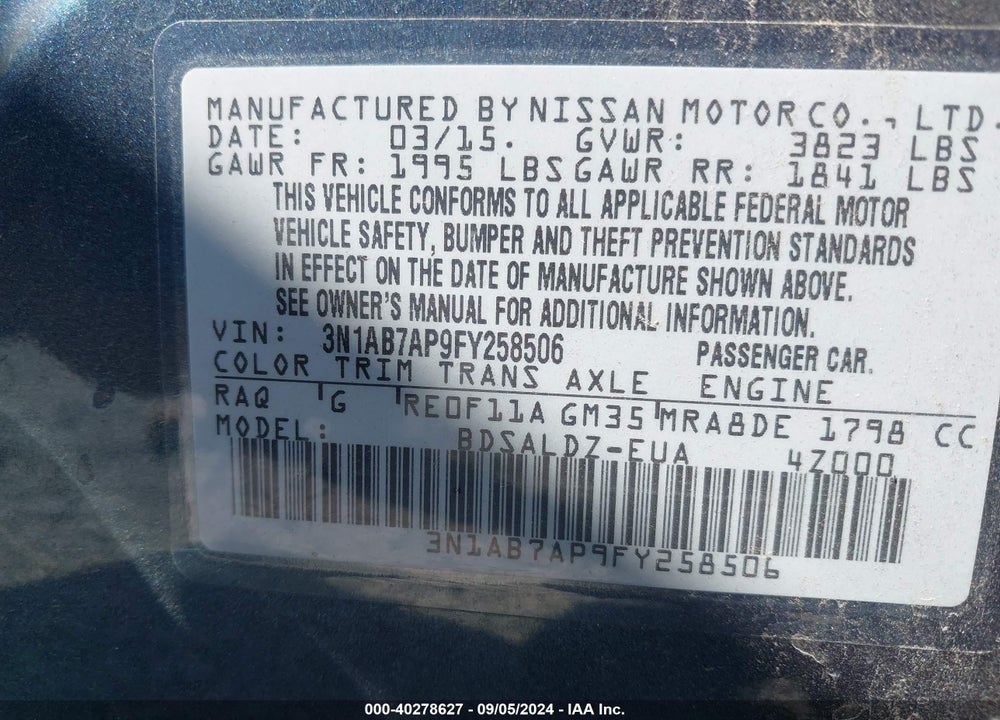 2015 NISSAN SENTRA SV VIN: 3N1AB7AP9FY258506