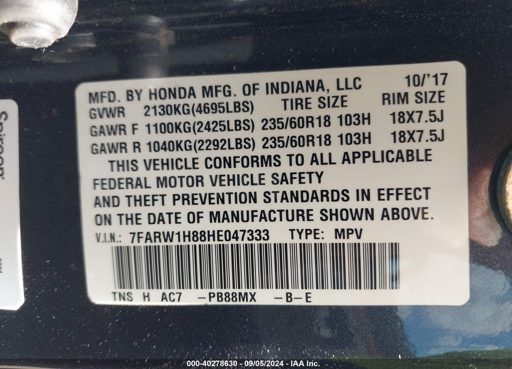 2017 HONDA CR-V EX-L/EX-L NAVI VIN: 7FARW1H88HE047333