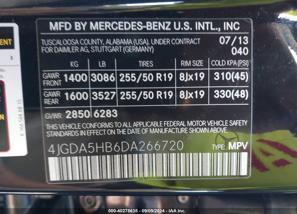 2013 MERCEDES-BENZ ML 350 4MATIC VIN: 4JGDA5HB6DA266720
