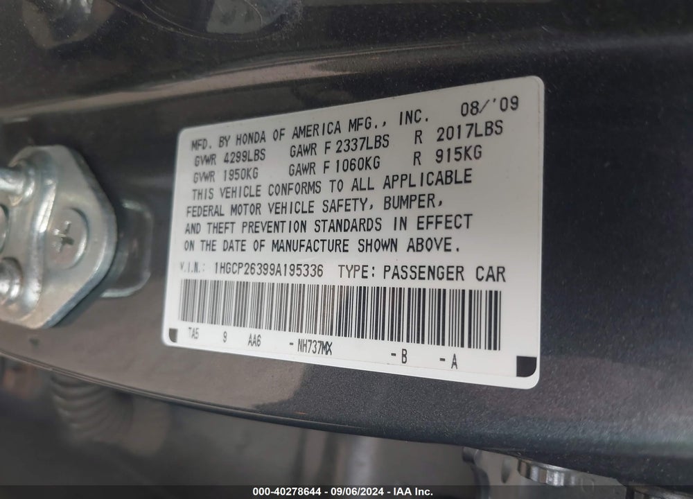 2009 HONDA ACCORD 2.4 LX VIN: 1HGCP26399A195336