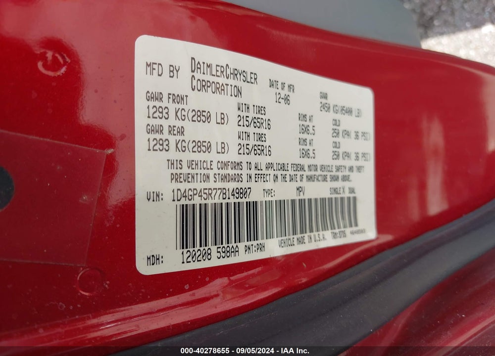 2007 DODGE CARAVAN SXT VIN: 1D4GP45R77B149807
