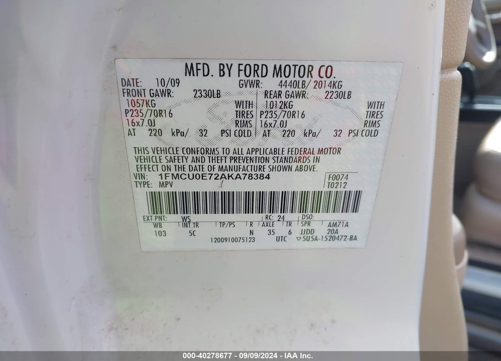 2010 FORD ESCAPE VIN: 1FMCU0E72AKA78384