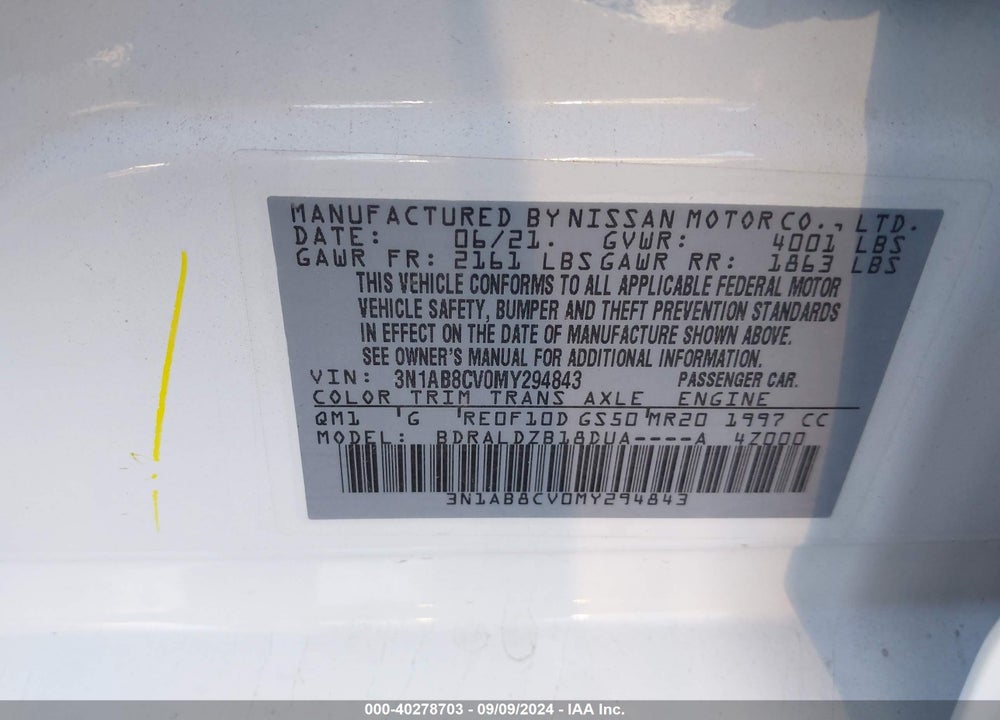 2021 NISSAN SENTRA SV XTRONIC CVT VIN: 3N1AB8CV0MY294843