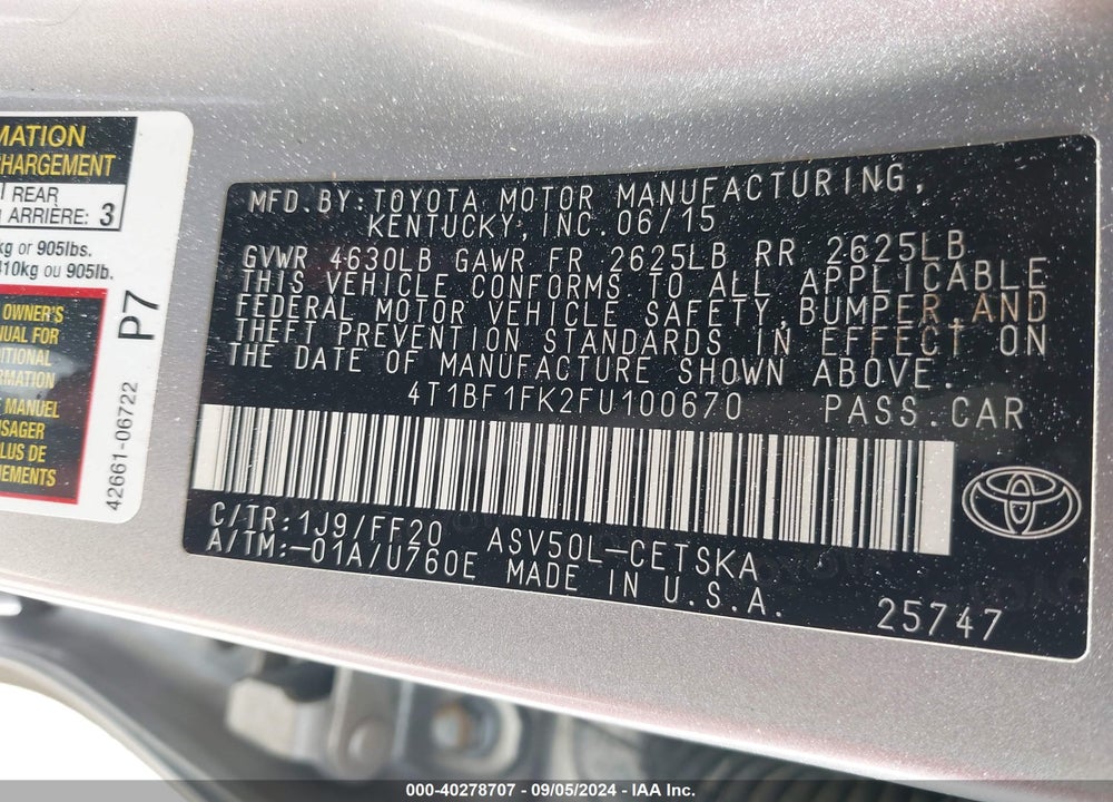 2015 TOYOTA CAMRY SE VIN: 4T1BF1FK2FU100670