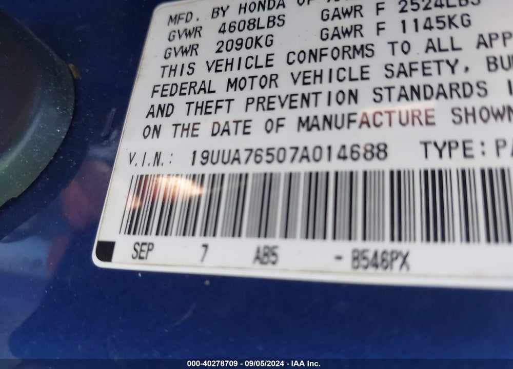 2007 ACURA TL VIN: 19UUA76507A014688