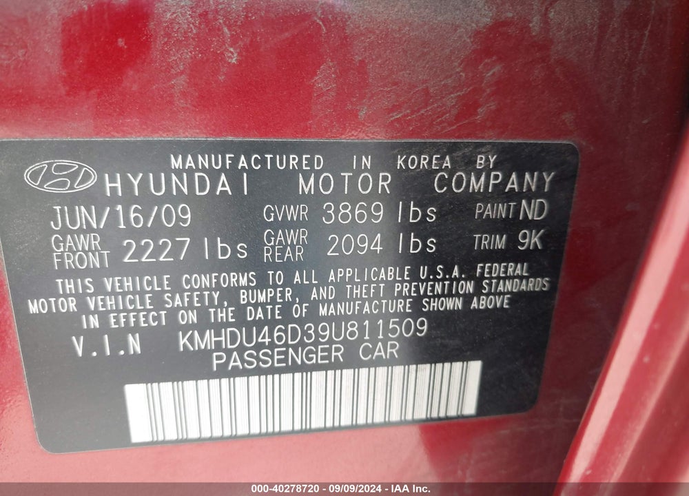 2009 HYUNDAI ELANTRA GLS VIN: KMHDU46D39U811509