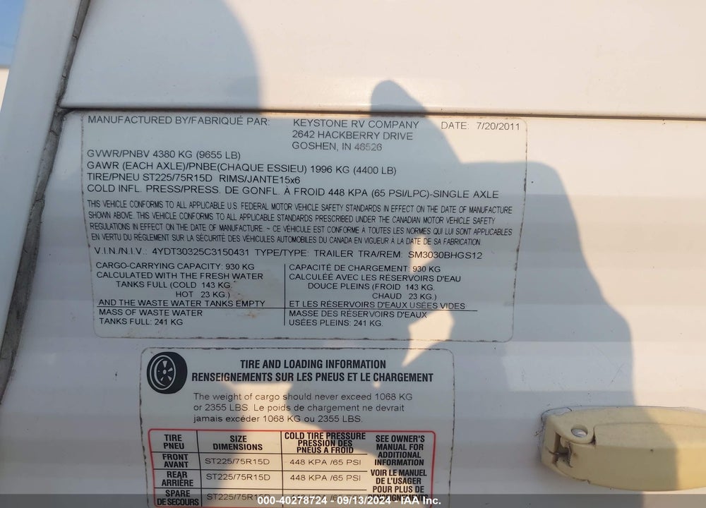 2012 SPRINGDALE TRAILER VIN: 4YDT30325C3150431