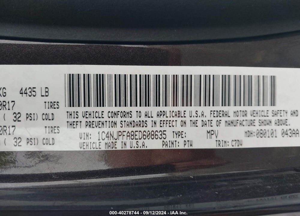 2014 JEEP PATRIOT LATITUDE VIN: 1C4NJPFA8ED608635
