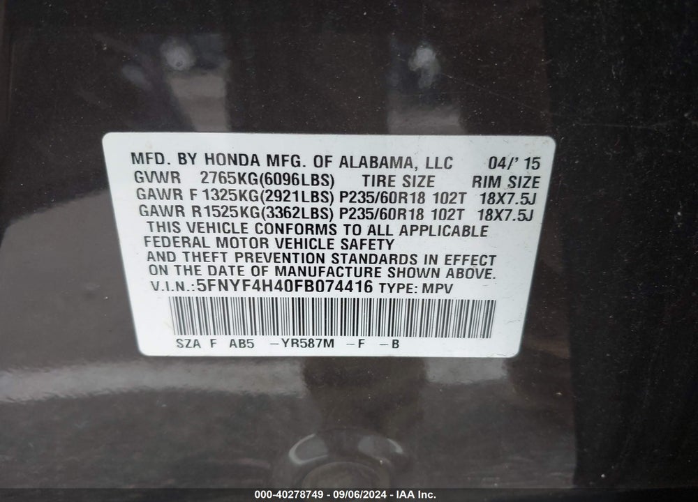 2015 HONDA PILOT EX VIN: 5FNYF4H40FB074416