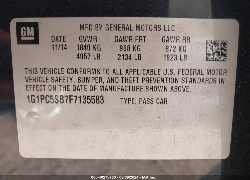 2015 CHEVROLET CRUZE 1LT AUTO VIN: 1G1PC5SB7F7135583