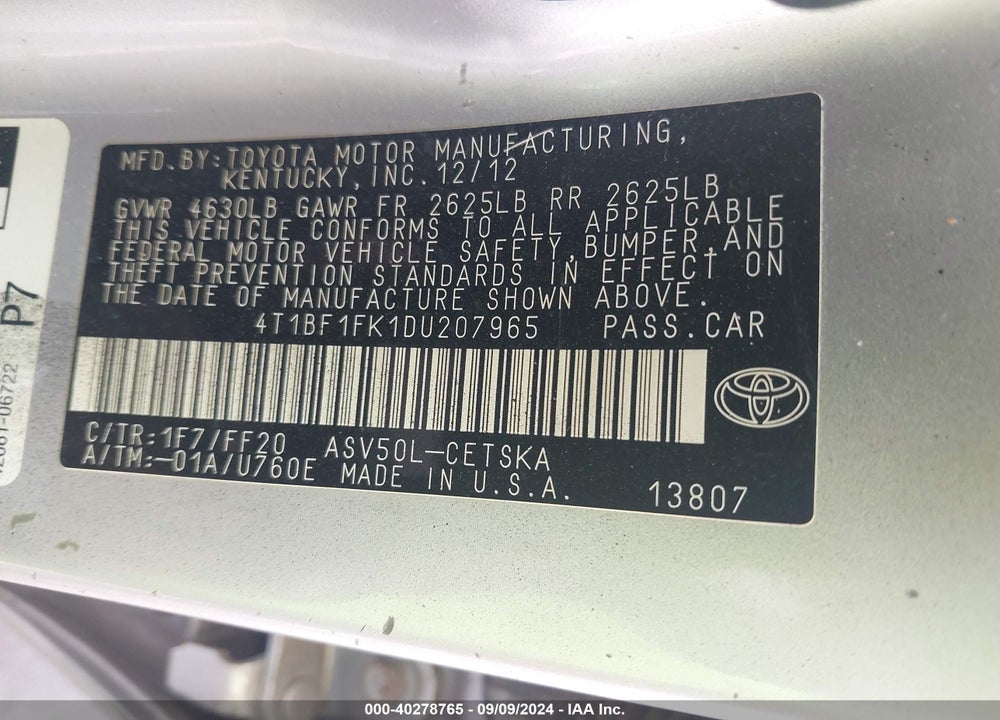 2013 TOYOTA CAMRY SE VIN: 4T1BF1FK1DU207965