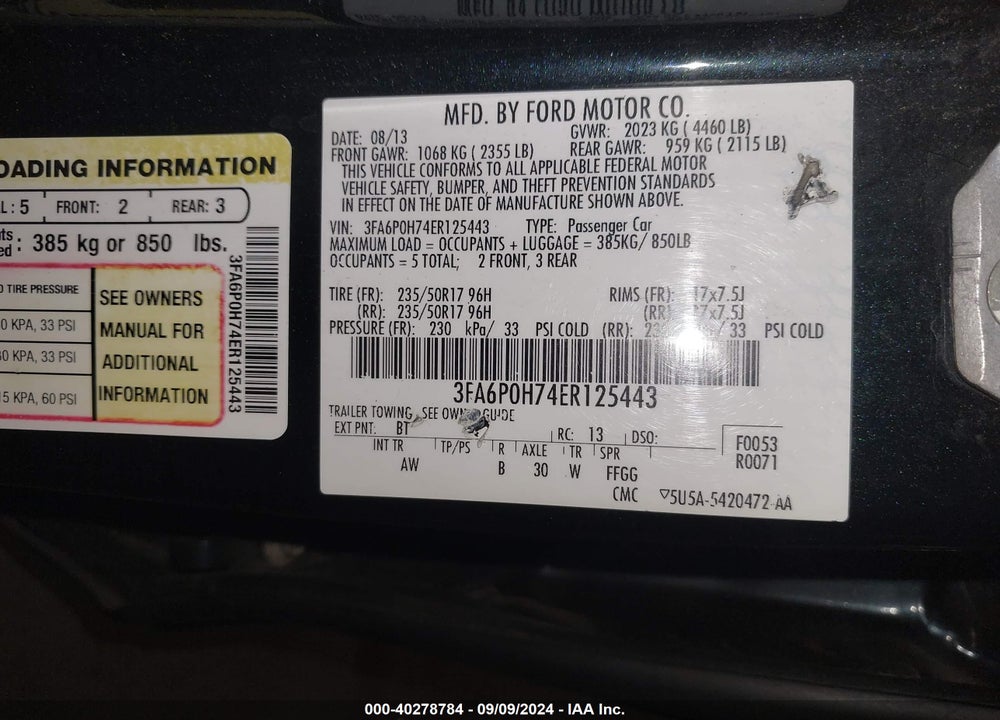 2014 FORD FUSION SE VIN: 3FA6P0H74ER125443