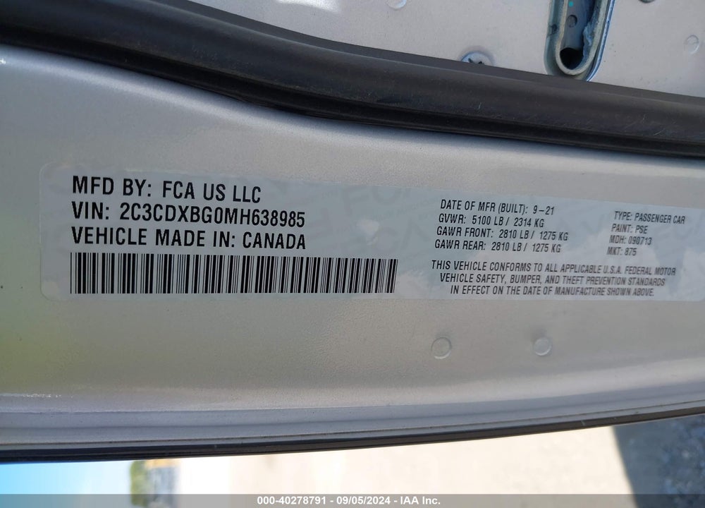 2021 DODGE CHARGER SXT RWD VIN: 2C3CDXBG0MH638985