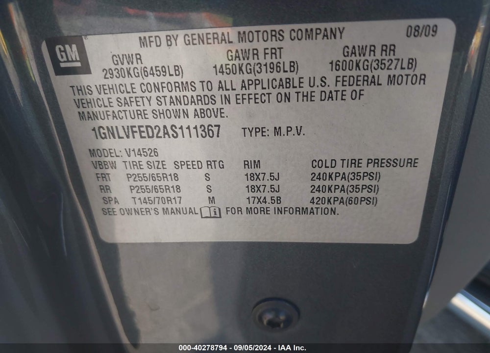 2010 CHEVROLET TRAVERSE VIN: 1GNLVFED2AS111367