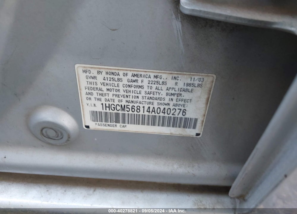 2004 HONDA ACCORD 2.4 EX VIN: 1HGCM56814A040276