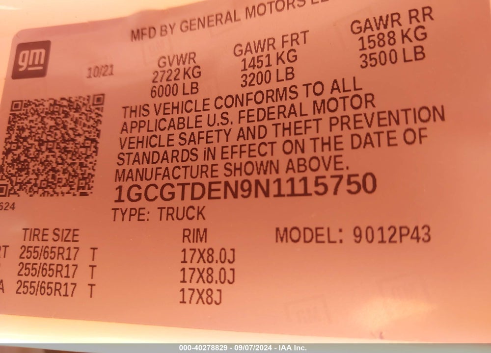 2022 CHEVROLET COLORADO 4WD SHORT BOX Z71 VIN: 1GCGTDEN9N1115750