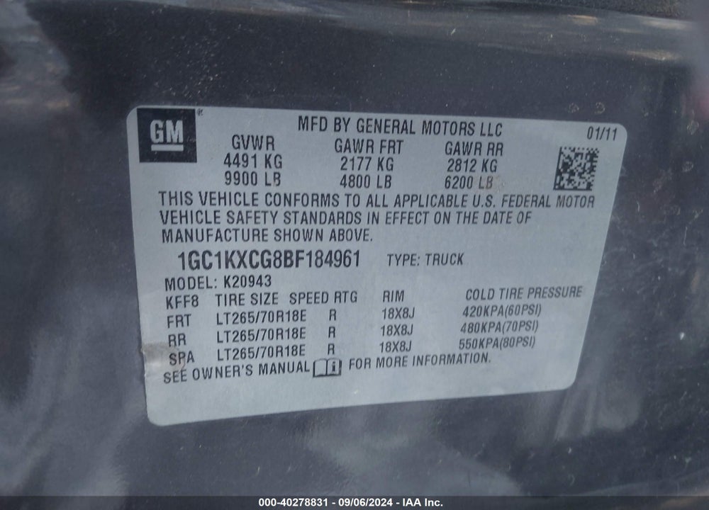 2011 CHEVROLET SILVERADO 2500HD LT VIN: 1GC1KXCG8BF184961