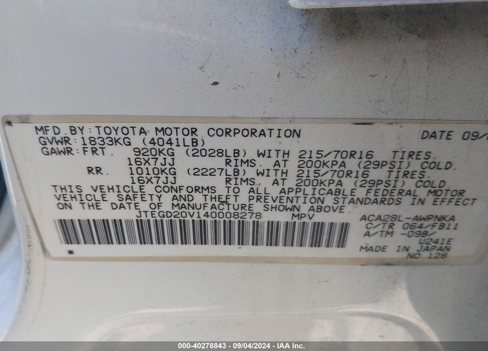 2004 TOYOTA RAV4 VIN: JTEGD20V140008278