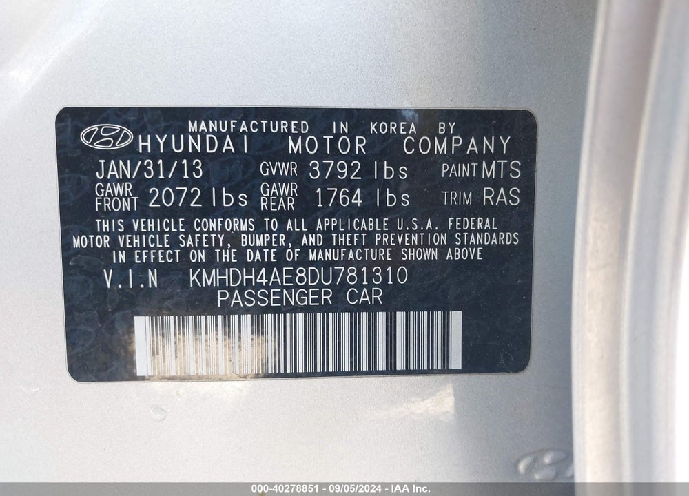 2013 HYUNDAI ELANTRA GLS VIN: KMHDH4AE8DU781310