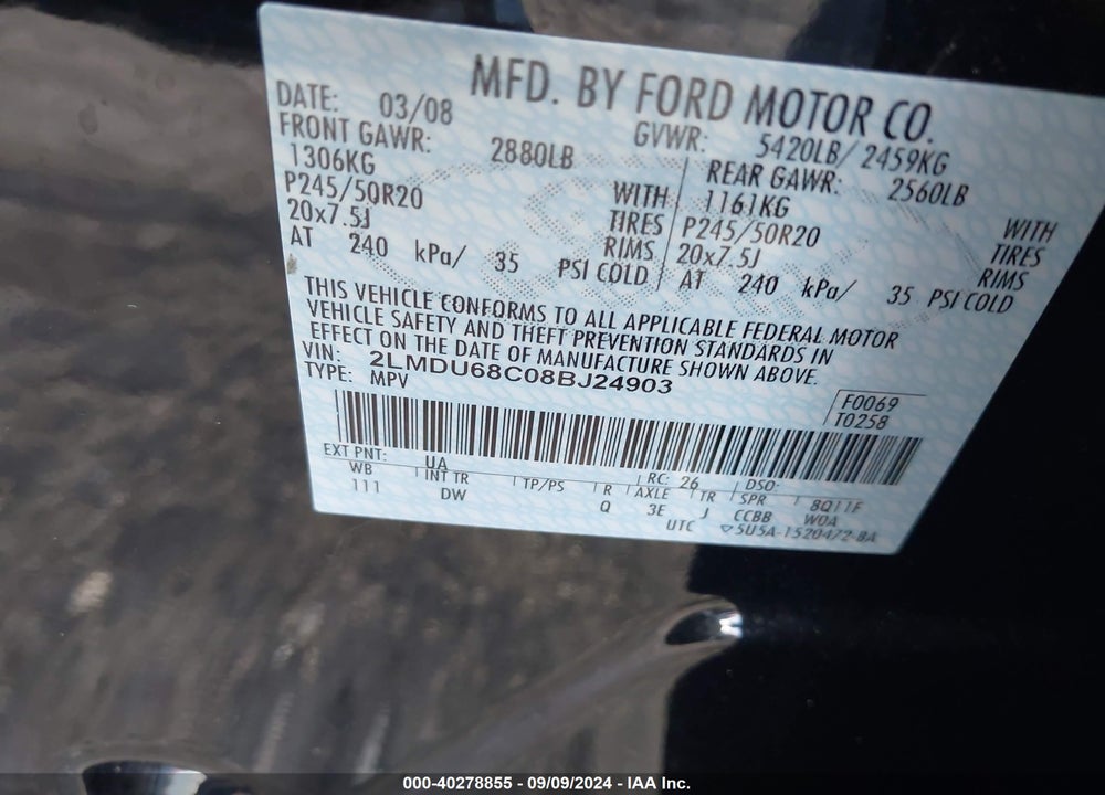 2008 LINCOLN MKX VIN: 2LMDU68C08BJ24903