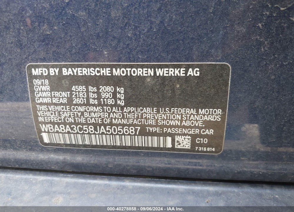 2018 BMW 320I XDRIVE VIN: WBA8A3C58JA505687