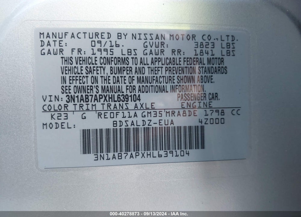 2017 NISSAN SENTRA SV VIN: 3N1AB7APXHL639104