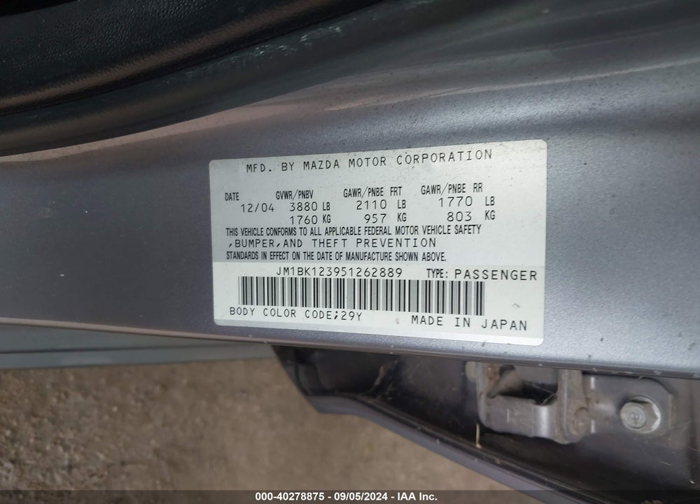 2005 MAZDA 3 S VIN: JM1BK123951262889