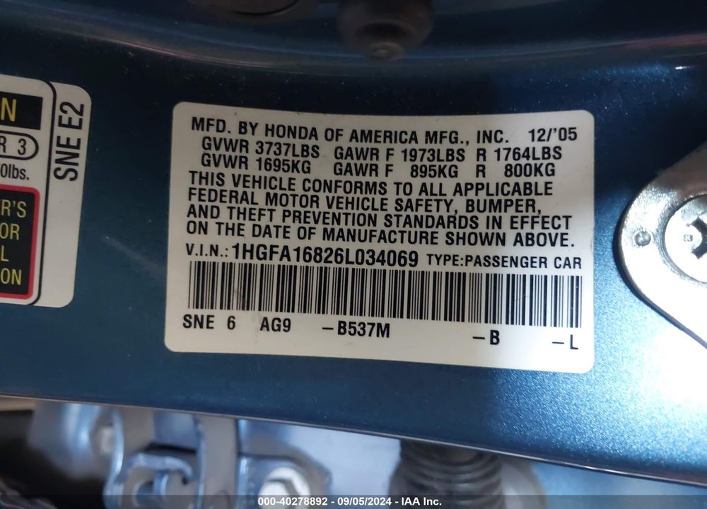 2006 HONDA CIVIC EX VIN: 1HGFA16826L034069