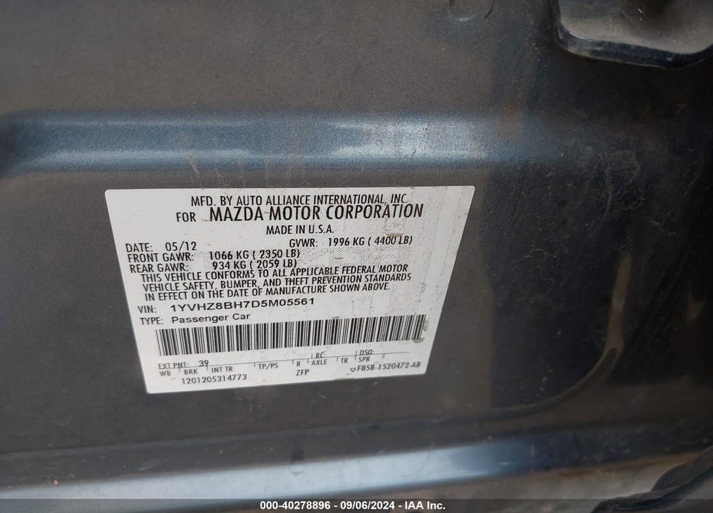 2013 MAZDA 6 I SPORT VIN: 1YVHZ8BH7D5M05561