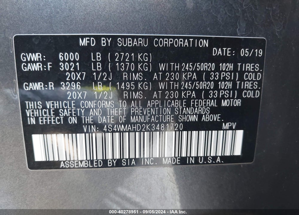 2019 SUBARU ASCENT PREMIUM VIN: 4S4WMAHD2K3481720