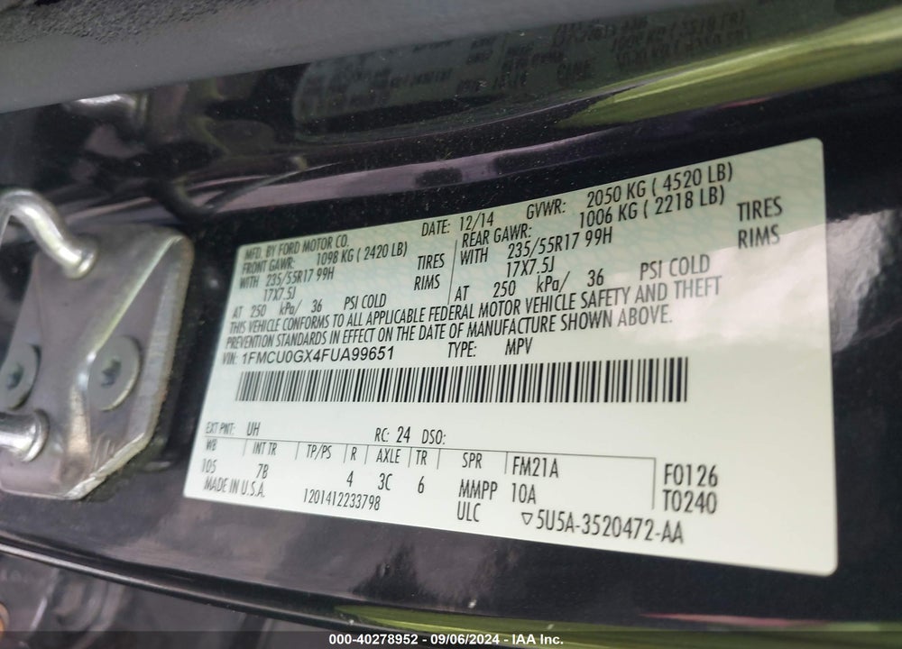 2015 FORD ESCAPE SE VIN: 1FMCU0GX4FUA99651