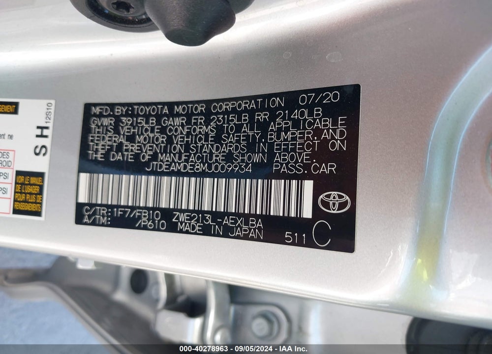 2021 TOYOTA COROLLA HYBRID LE VIN: JTDEAMDE8MJ009934